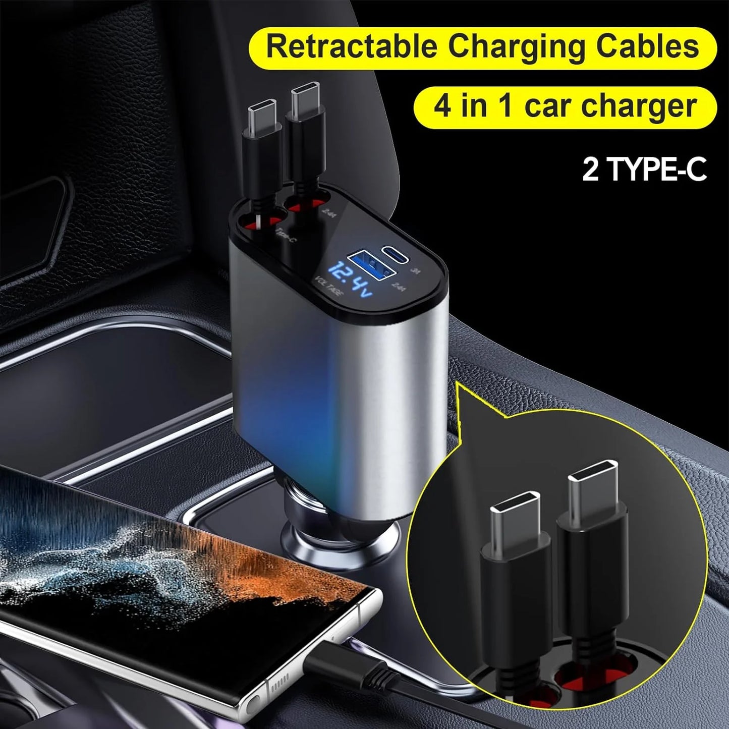 TIKTOK SHOP 66W Retractable 4-in-1 Fast Car Charger for iPhone 15/14/13/12/11, Galaxy, and Pixel with Retractable Cables and USB Compatibility