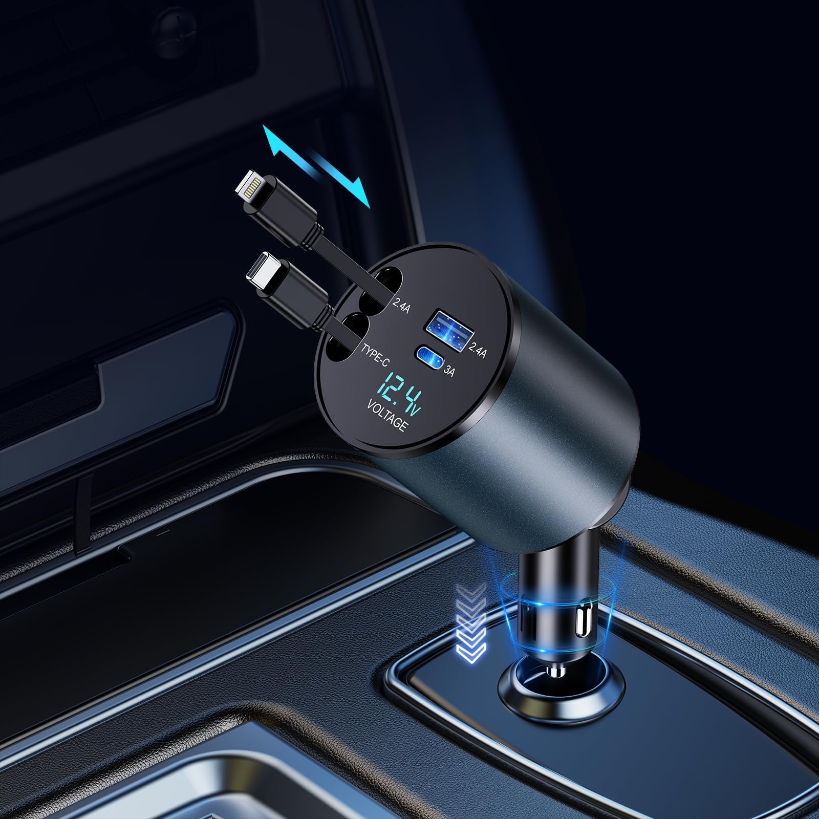 TIKTOK SHOP 66W Retractable 4-in-1 Fast Car Charger for iPhone 15/14/13/12/11, Galaxy, and Pixel with Retractable Cables and USB Compatibility