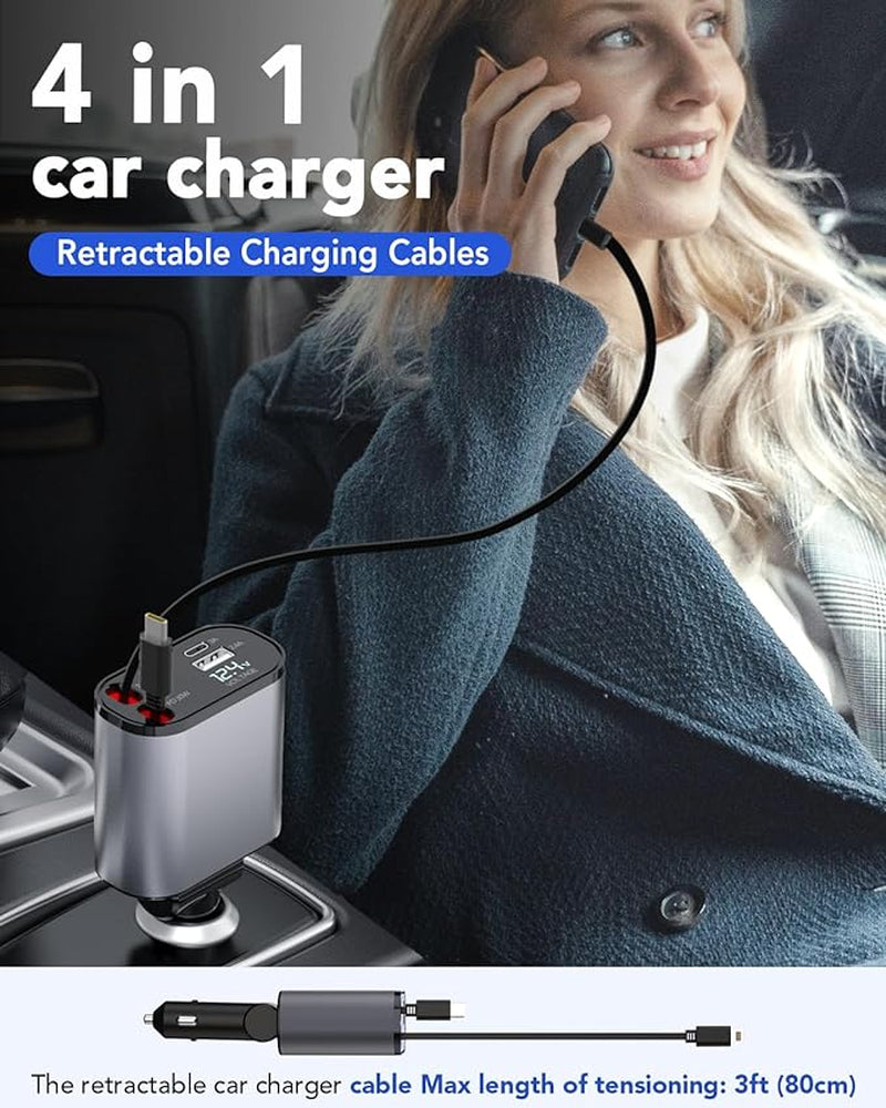 TIKTOK SHOP 66W Retractable 4-in-1 Fast Car Charger for iPhone 15/14/13/12/11, Galaxy, and Pixel with Retractable Cables and USB Compatibility