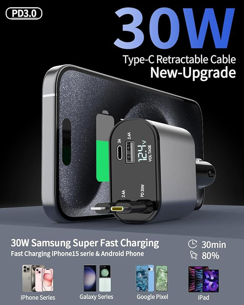 TIKTOK SHOP 66W Retractable 4-in-1 Fast Car Charger for iPhone 15/14/13/12/11, Galaxy, and Pixel with Retractable Cables and USB Compatibility