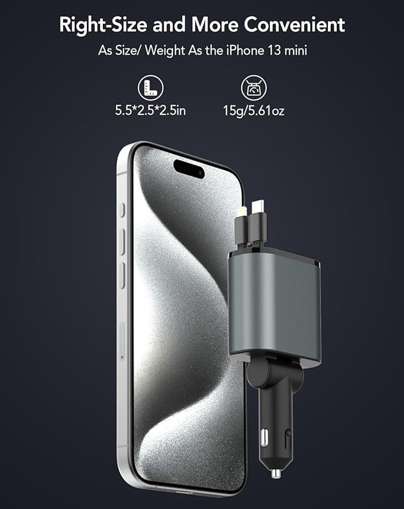 TIKTOK SHOP 66W Retractable 4-in-1 Fast Car Charger for iPhone 15/14/13/12/11, Galaxy, and Pixel with Retractable Cables and USB Compatibility